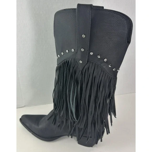 Roper Oakley Studded Pointed Toe Cowboy Black Boots Western Fringe Women's 8 - Picture 8 of 11
